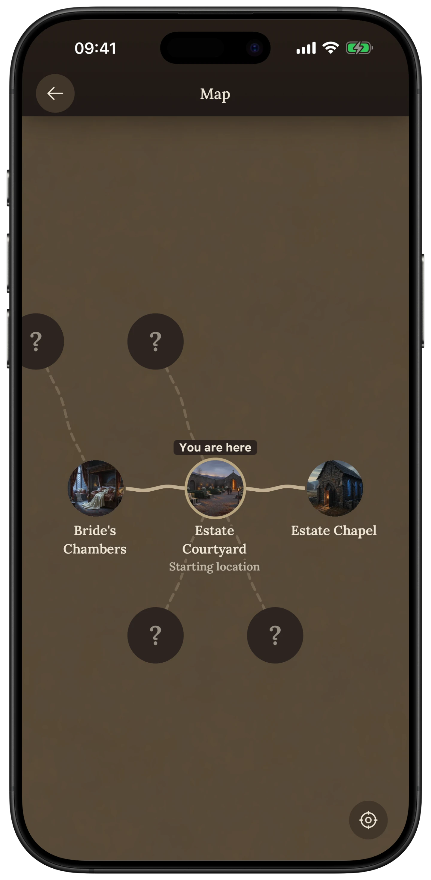 The campaign map with explored and unexplored locations